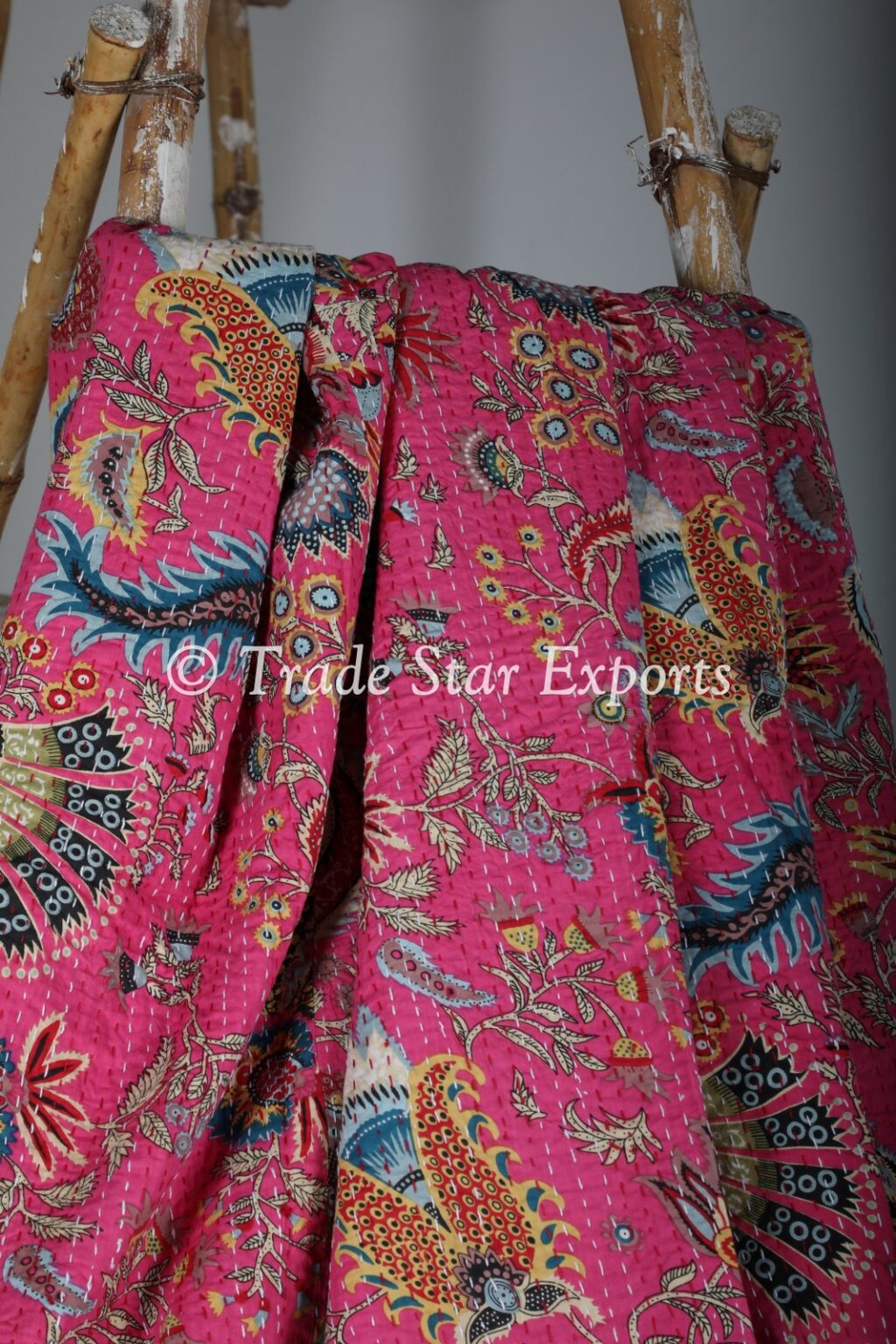 Reversible Twin Kantha Embroidery Floral Blanket - Indian Craft Mall