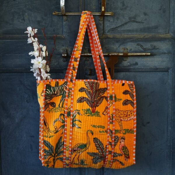 Newly Jungle Safari Cotton Velvet Quilted Tote Bag With Comfortable Straps In Deep Yellow