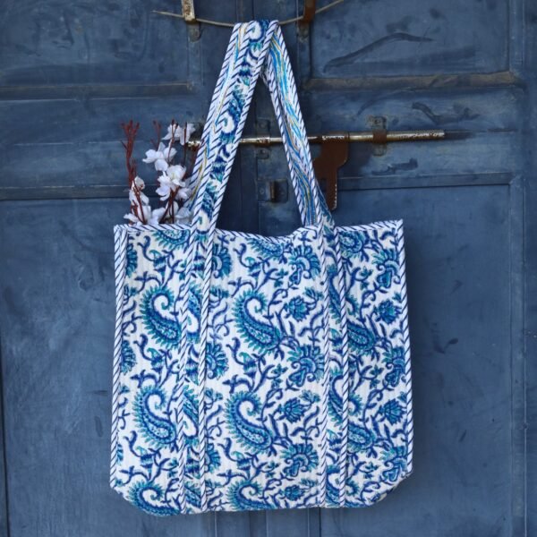 Old Paisley Jaal Block Printed Cotton Velvet Quilted Shopping Tote Bag In Blue