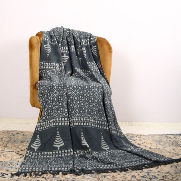 Drape Over Couch Block Printed Cotton Throw Blankets In Grey
